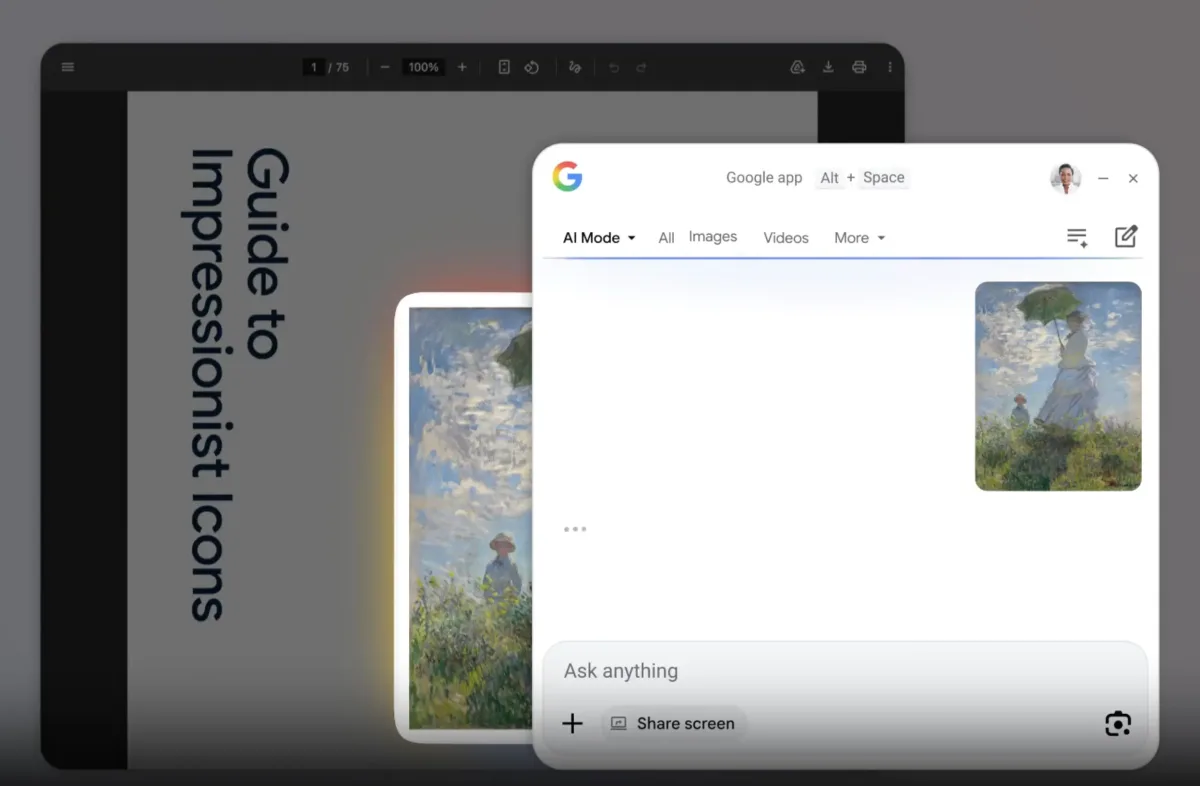 Interfața aplicației Google Desktop pentru Windows afișând funcțiile Gemini și Lens peste ecranul principal.