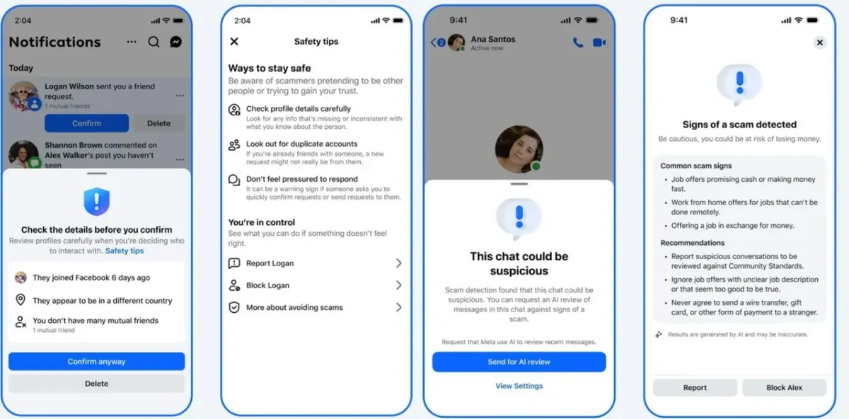 Logo-urile Facebook și WhatsApp alături de elemente de securitate cibernetică și inteligență artificială.