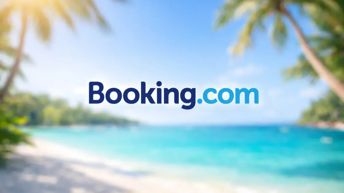 Sigla Booking.com pe un ecran digital cu simboluri de securitate cibernetică și avertizări de date compromise.